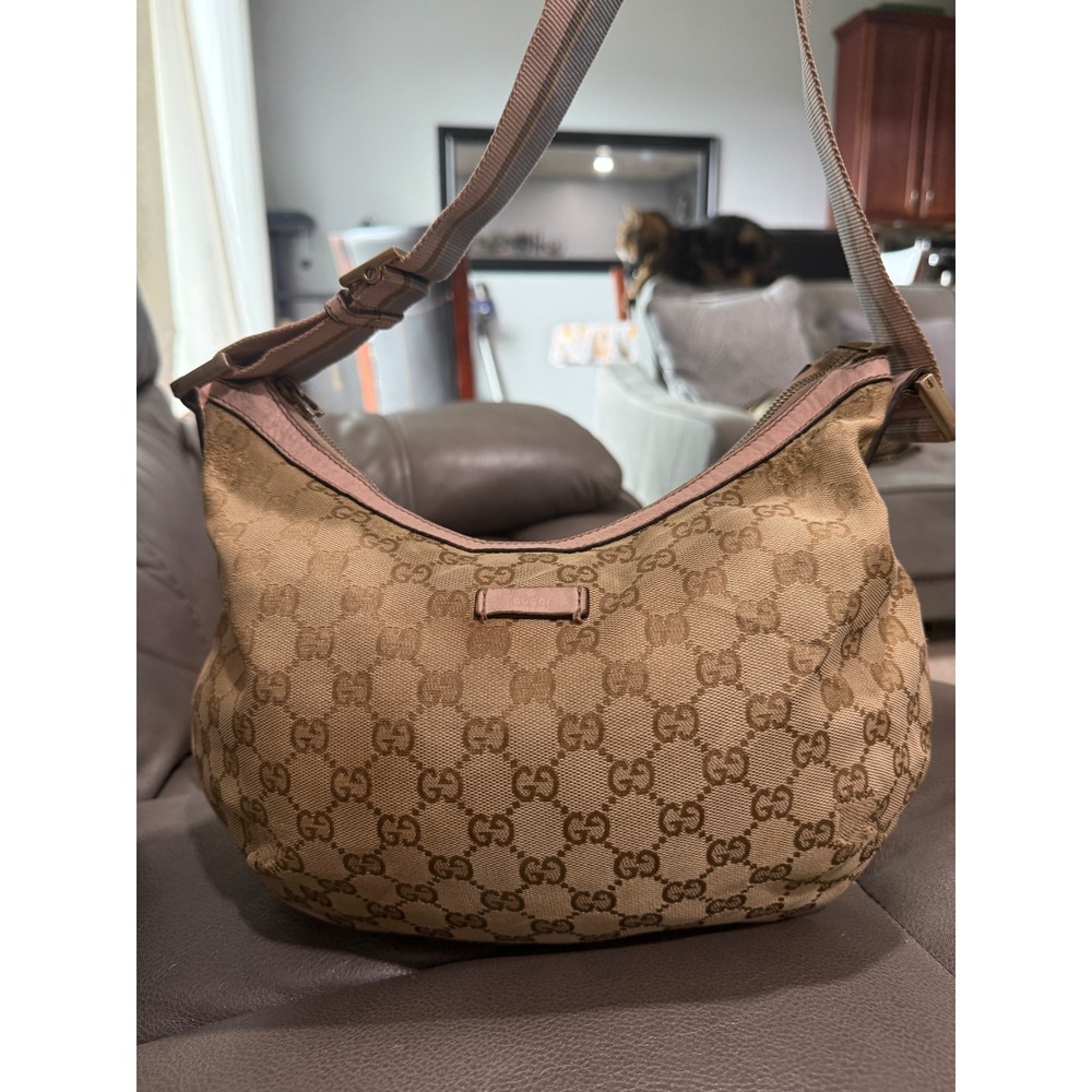 Gucci GG Monogram Canvas Pink Leather Trim Hobo Shoulder Bag Beige Italy